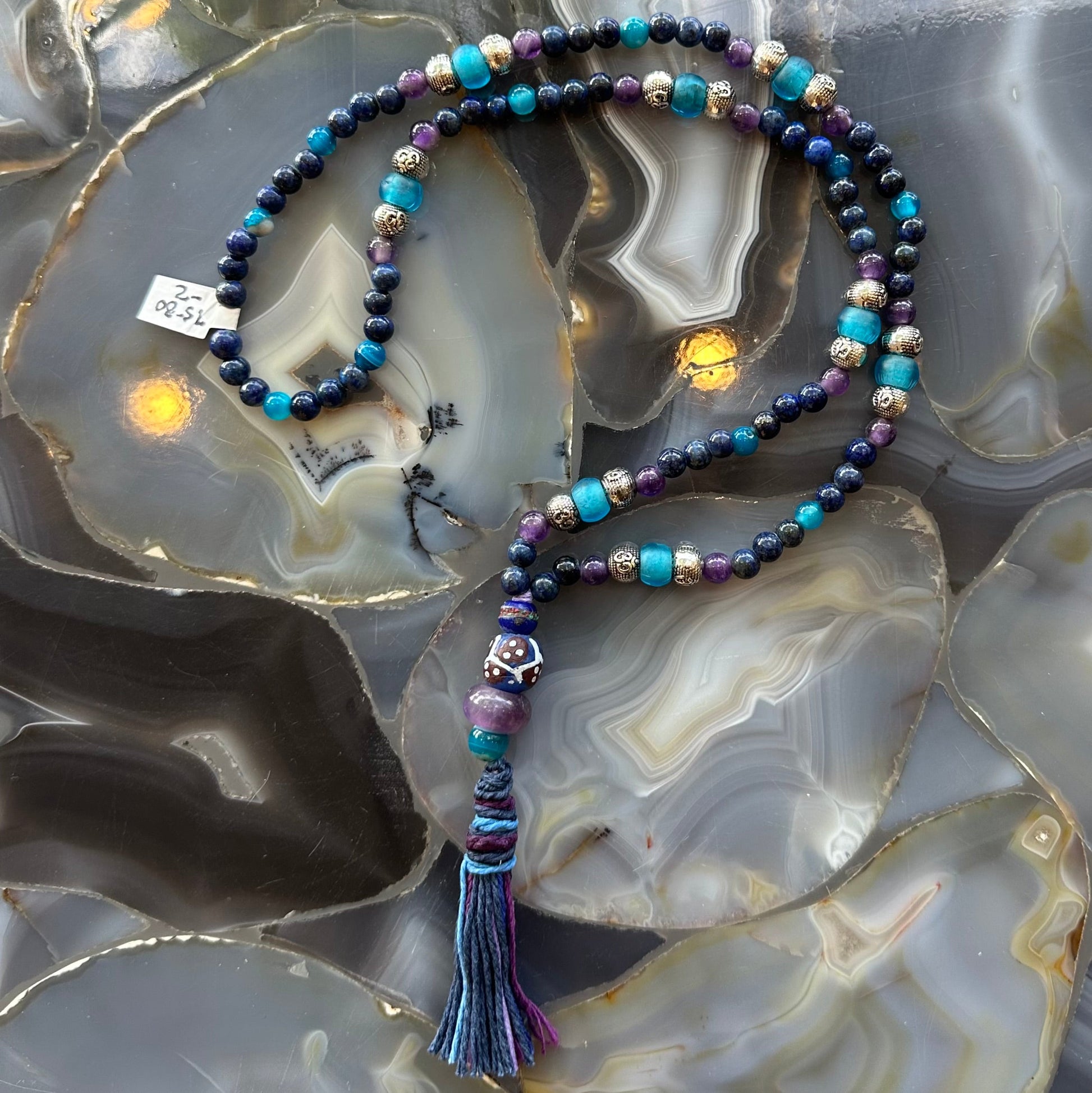 Lapis lazuli bead mala necklace with amethyst, blue quartz, and Java sea glass beads, 16 inches long — view 2