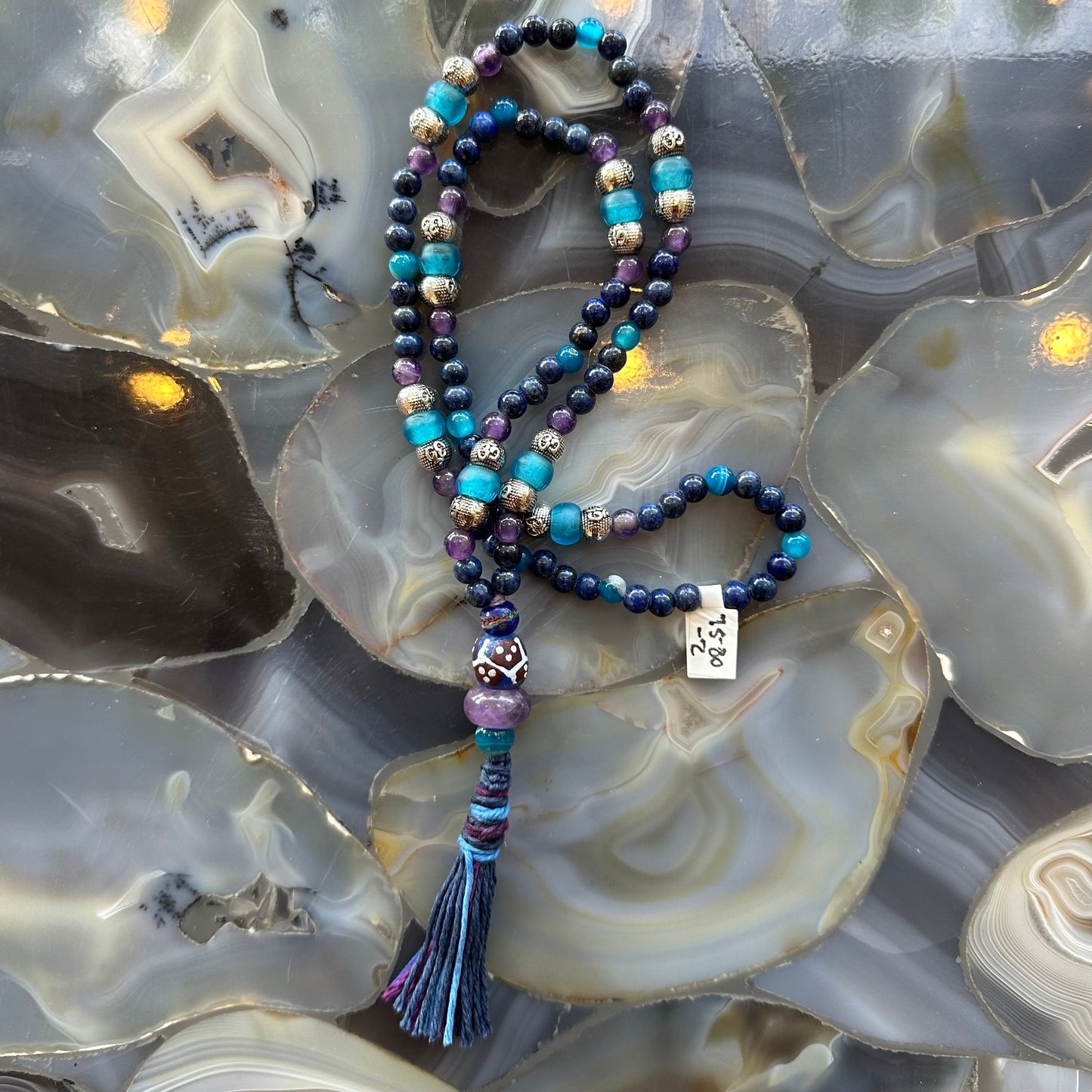 Lapis lazuli bead mala necklace with amethyst, blue quartz, and Java sea glass beads, 16 inches long — view 3