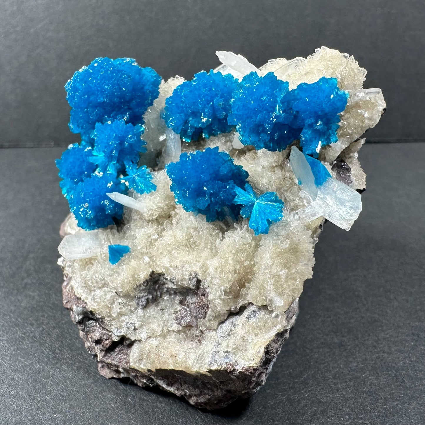 Vivid blue cavansite rosettes with cream stilbite on grey matrix, collector mineral specimen — view 3