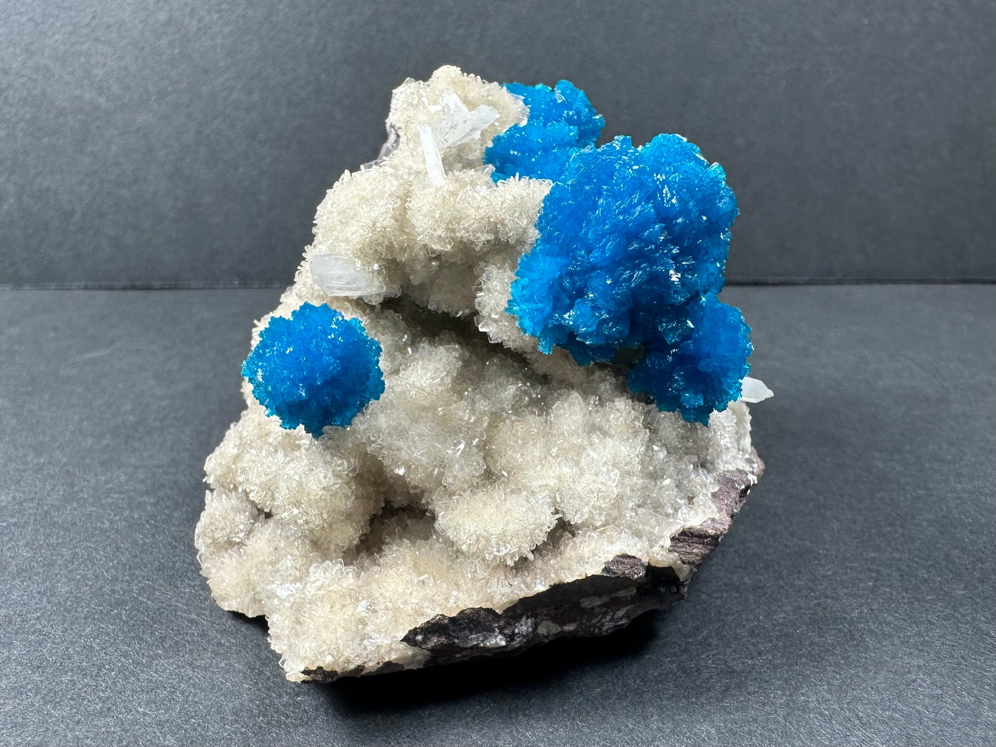 Vivid blue cavansite rosettes with cream stilbite on grey matrix, collector mineral specimen — view 5