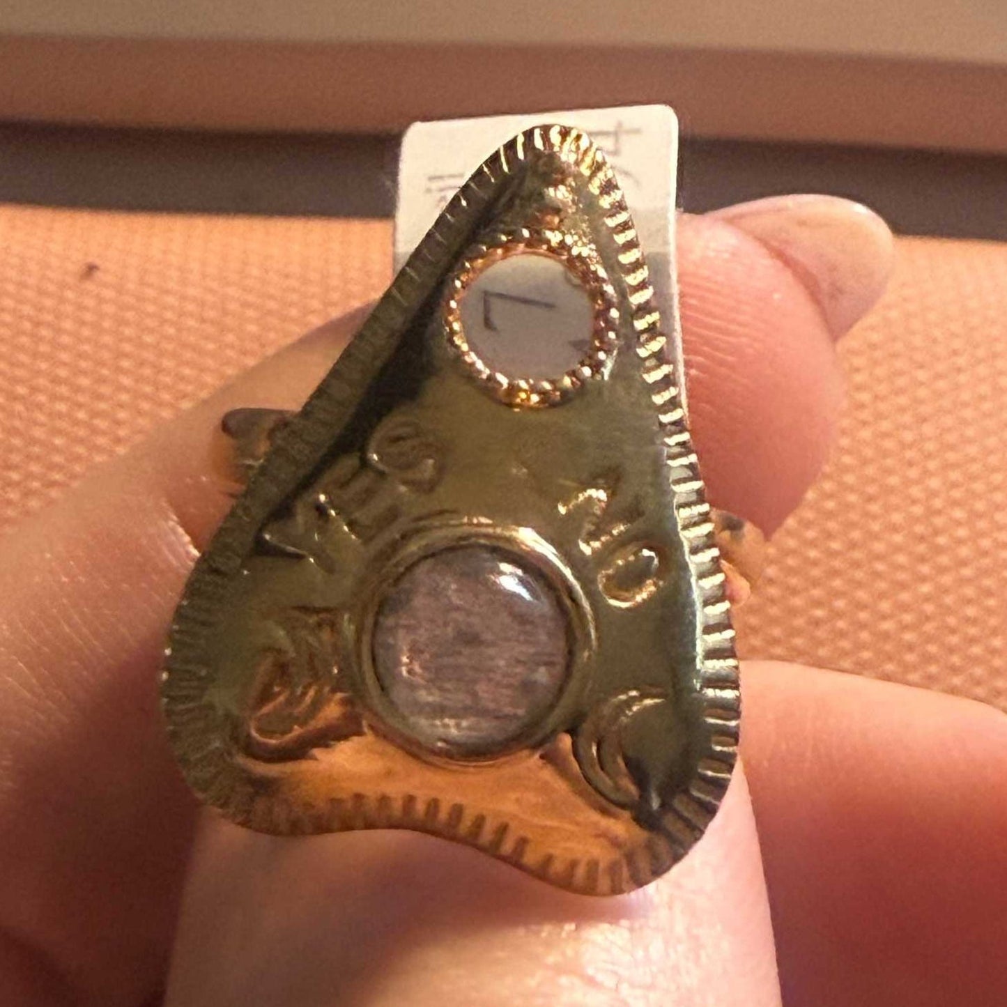 Gold vermeil planchette ring set with a grey labradorite cabochon