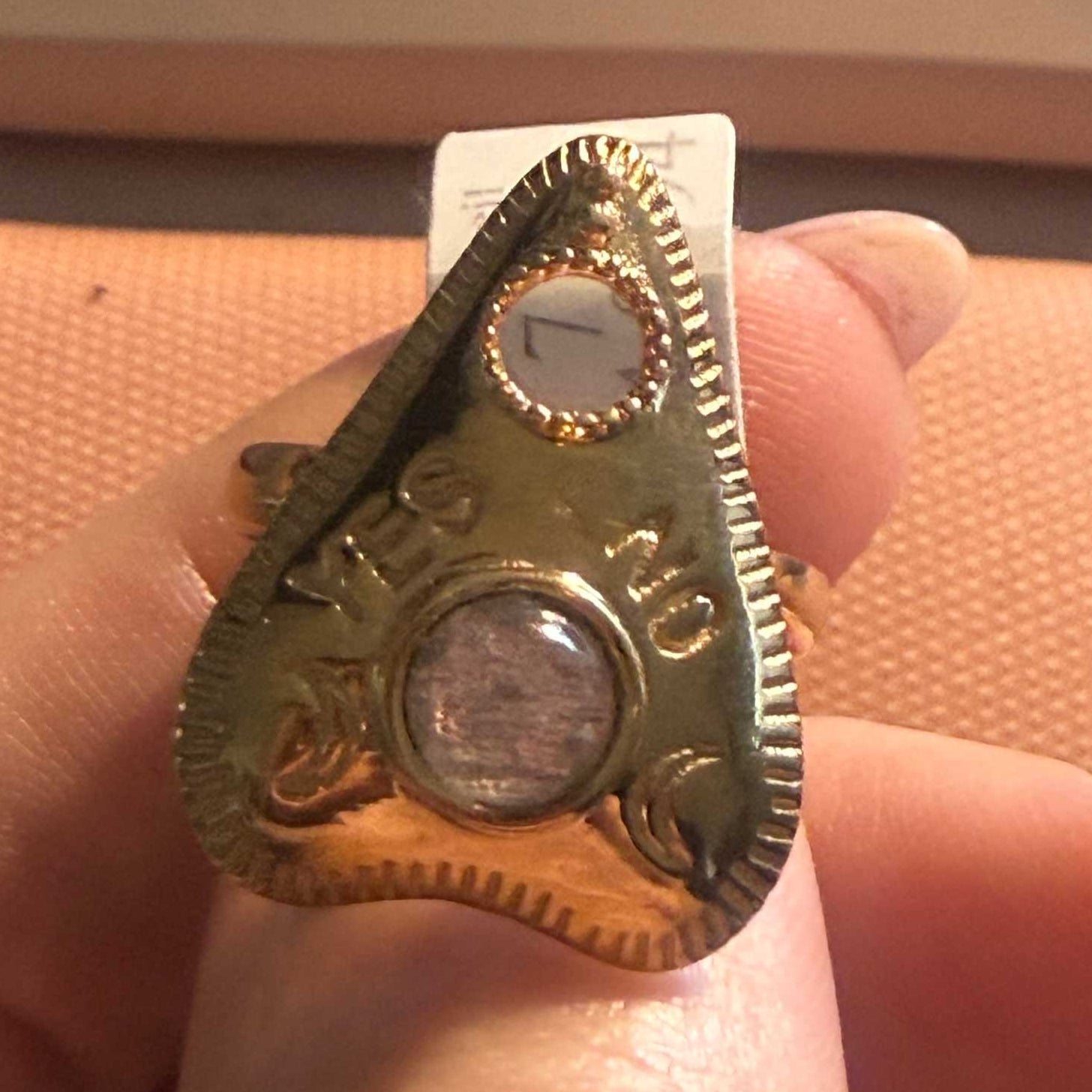 Gold vermeil planchette ring set with a grey labradorite cabochon