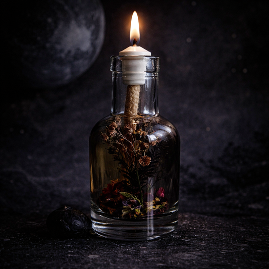 Lit Pluto oil candle: a clear glass bottle of near-black botanicals in dark oil with a burning wick, photographed against a black background with a shadowed planet and dark stones