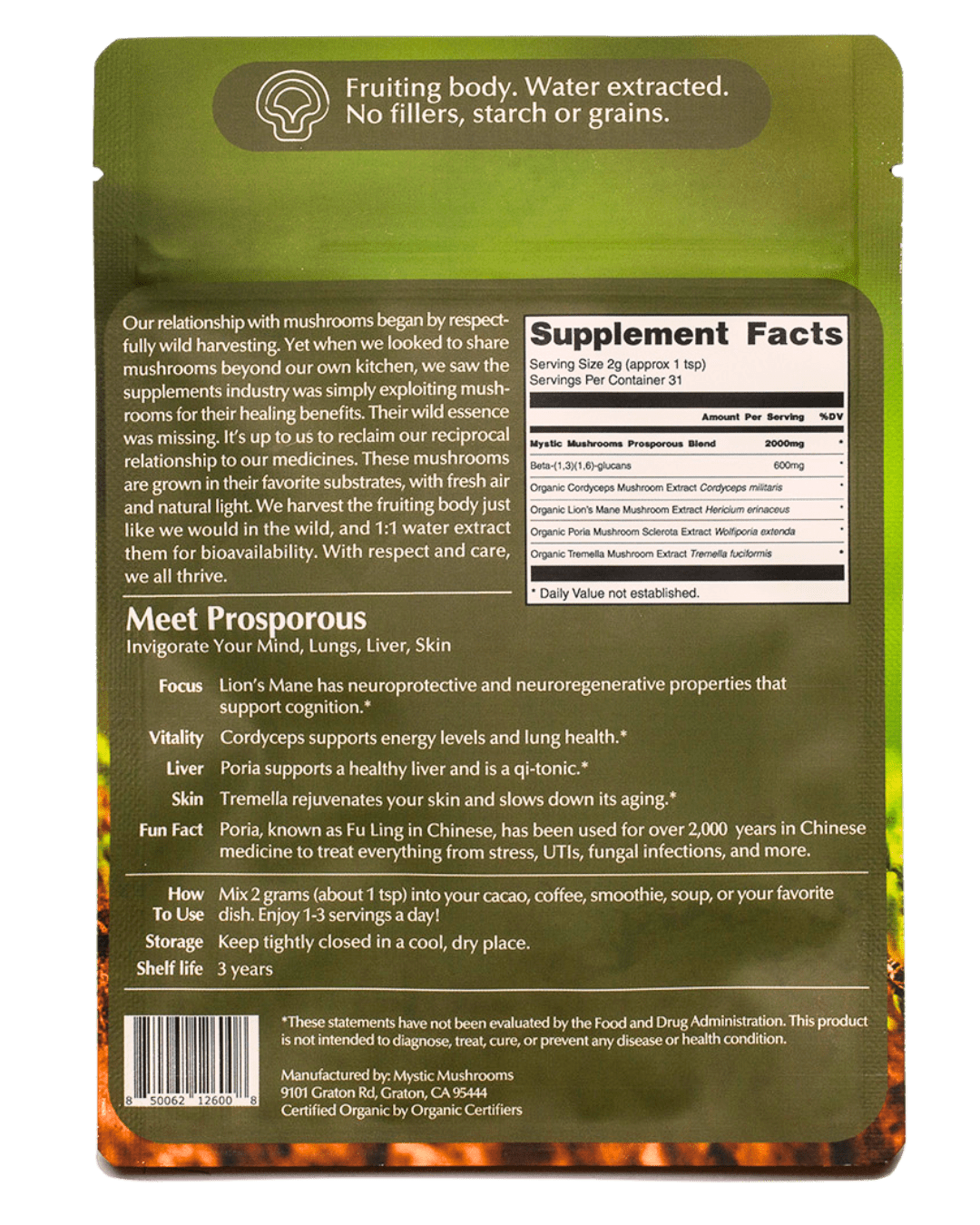 Ora Cacao ProSporous mushroom extract pouch shown in a warm, softly lit styled scene.