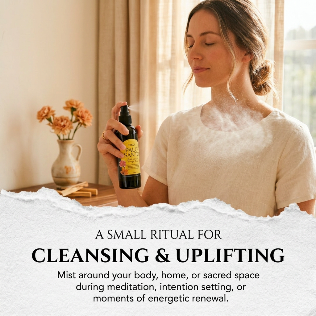 Palo Santo cleansing spray bottle, a smokeless grounding mist, shown from another angle