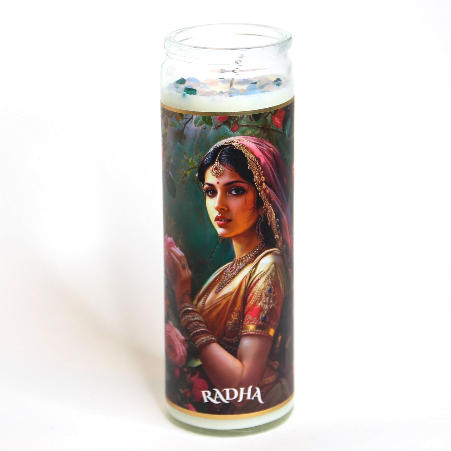 Radha Crystal Altar Candle in a 16 oz glass tumbler with an image of the goddess Radha on the label and rose quartz set into the wax — product photo 2