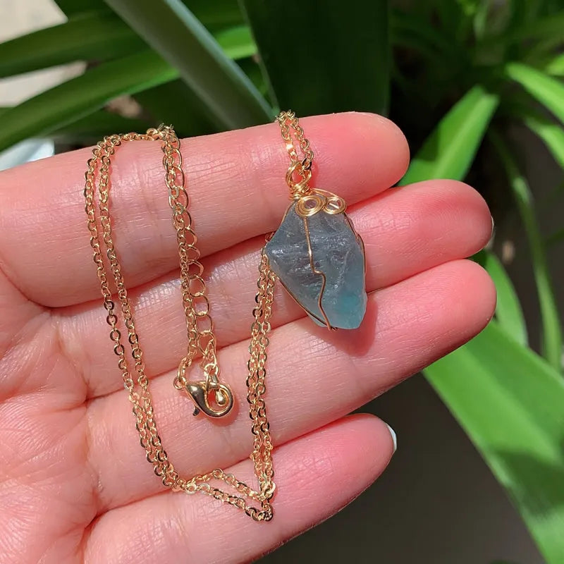 Raw wire-wrapped crystal pendant on a gold-plated stainless steel link chain — view 13 of 20