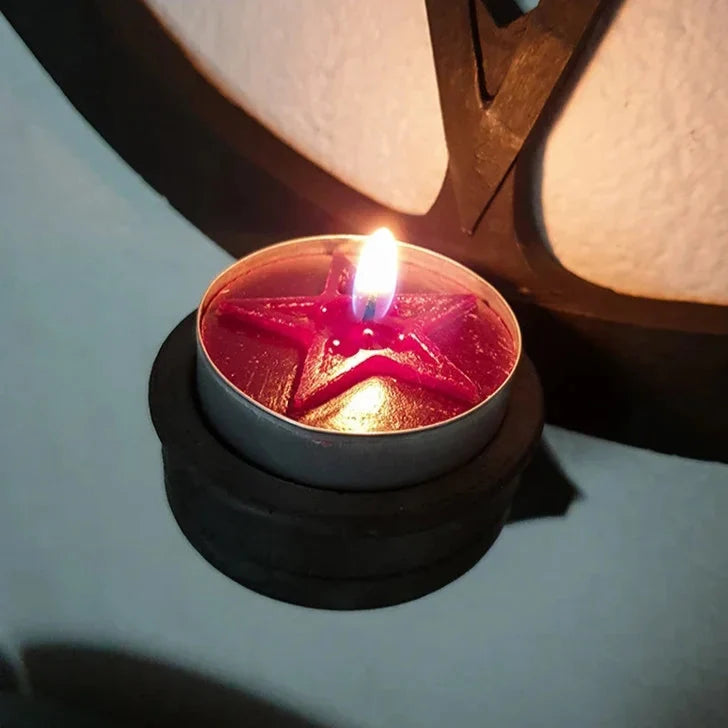 Beeswax tea light candle embossed with a pentacle symbol — view 2 of 12