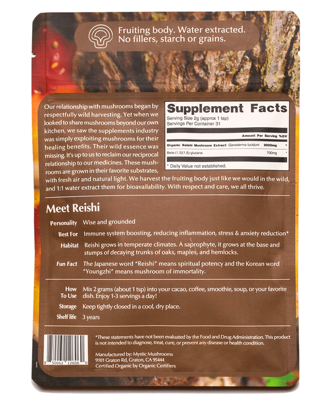 Ora Cacao Reishi mushroom extract pouch shown in a warm, softly lit styled scene.
