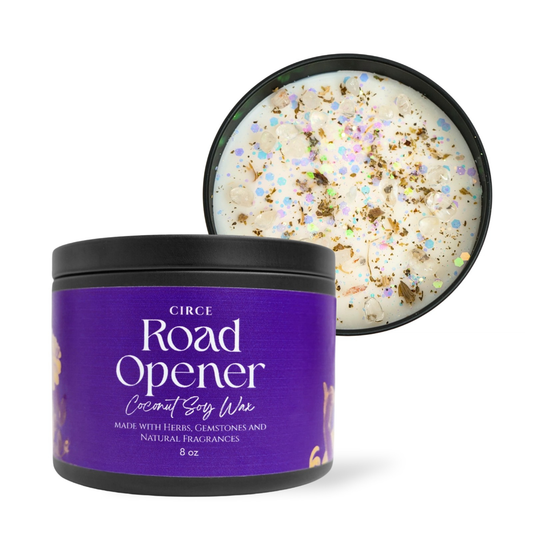 Road Opener spell candle in an 8 ounce jar with a cotton wick, front view