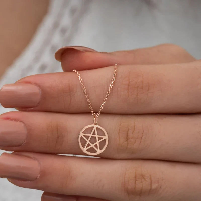 Minimalist pentacle star pendant on a fine stainless steel link chain — view 5 of 9