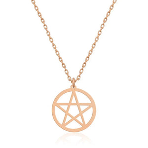 Rose gold pentacle pendant on white, the open star inside its ring shown in close detail