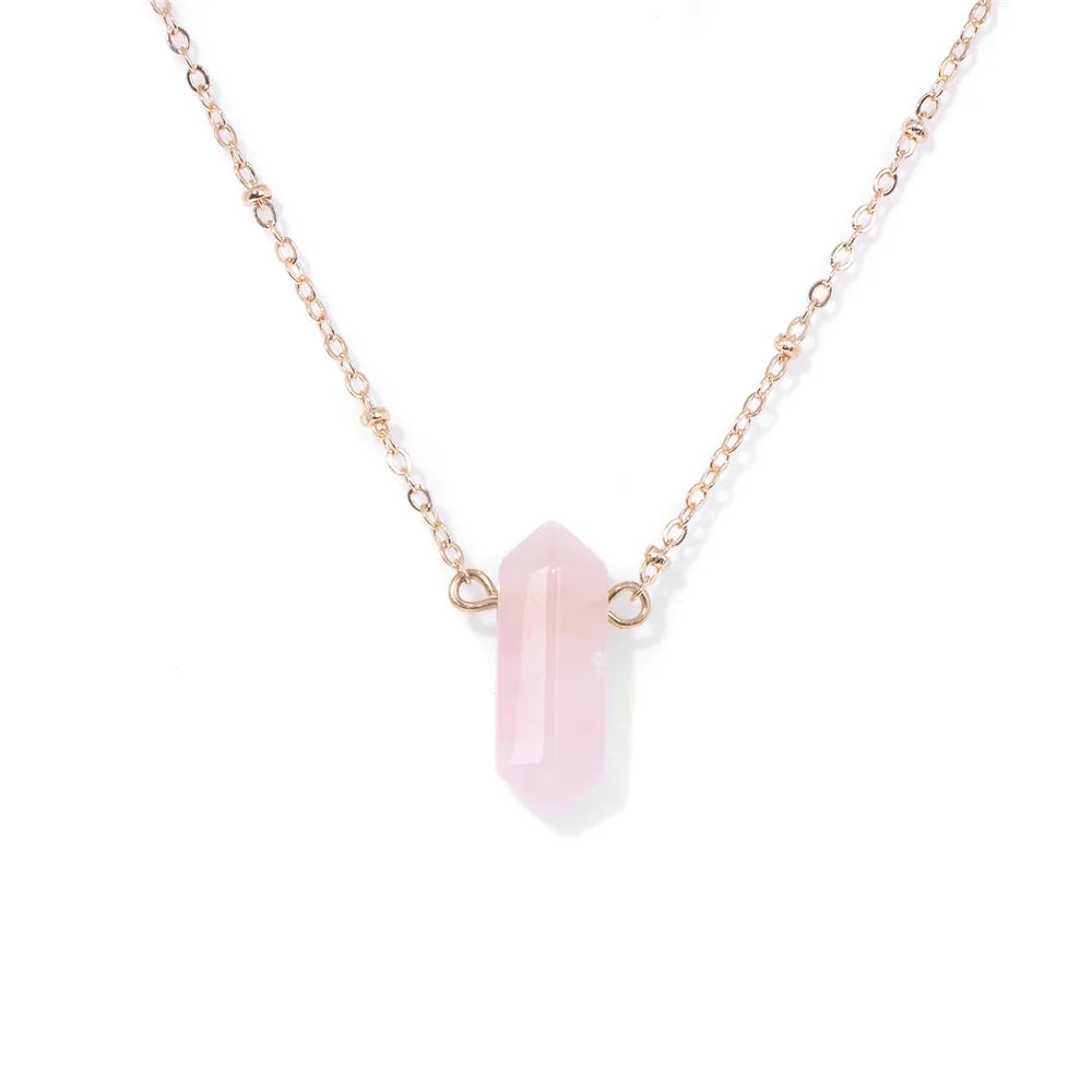 Hexagonal crystal column pendant in gold-plated setting on a fine chain — view 9 of 12