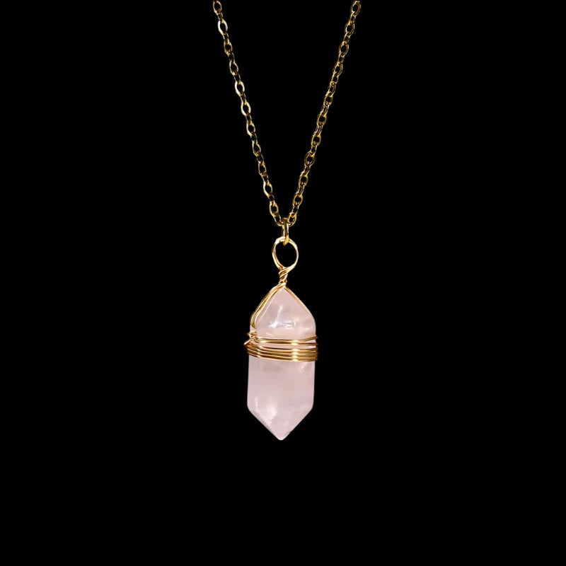 Wire-wrapped hexagonal crystal pendant in gold-plated copper on an adjustable chain — view 8 of 12