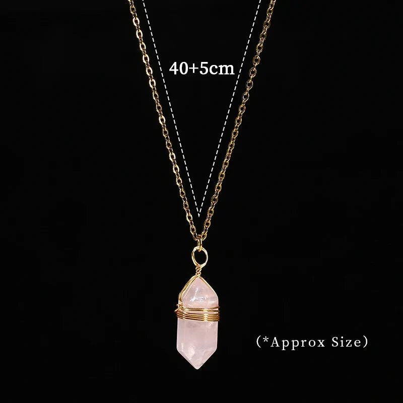 Wire-wrapped hexagonal crystal pendant in gold-plated copper on an adjustable chain — view 3 of 12