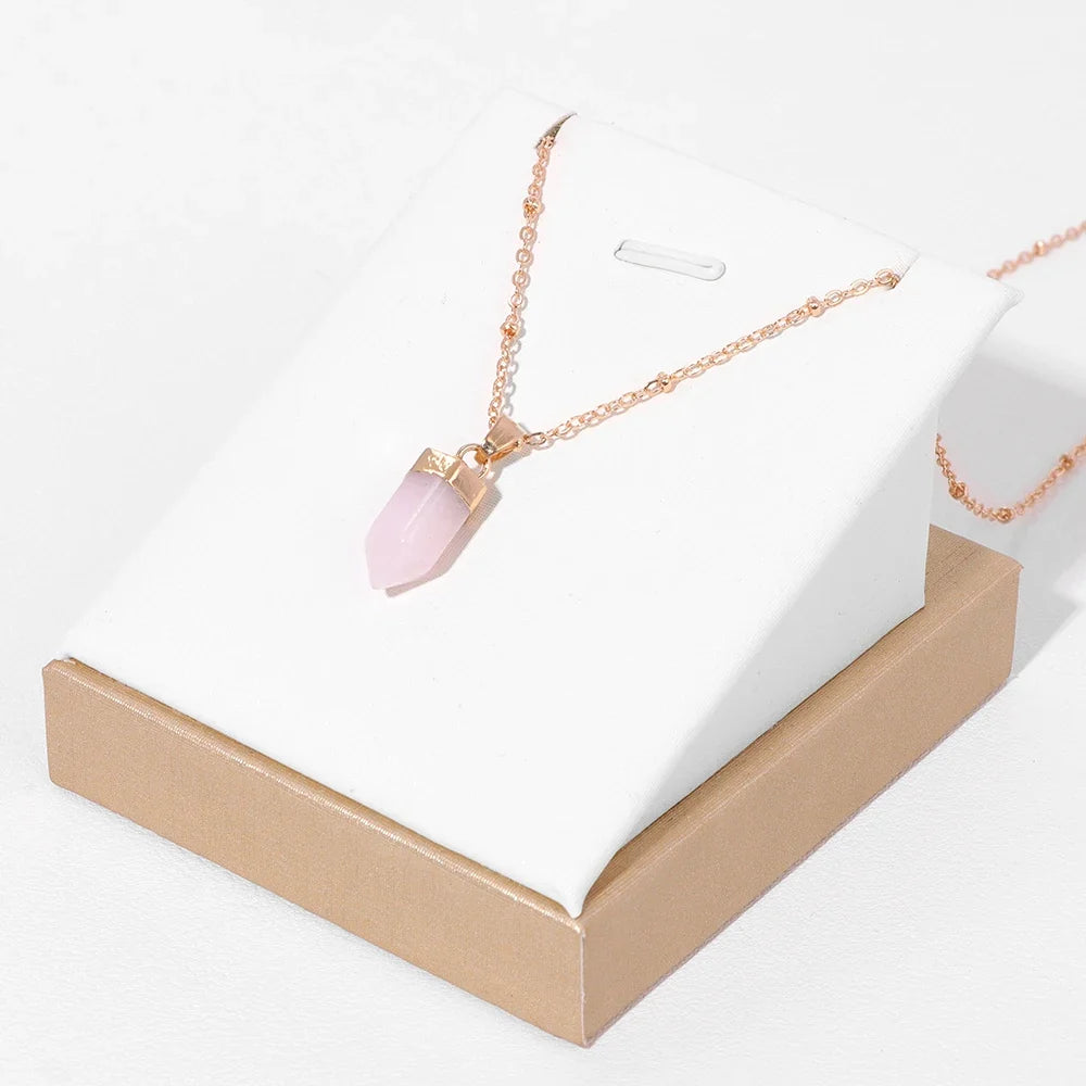 Crystal point pendant necklace with a hexagon gemstone column on a gold-tone link chain — view 20 of 20