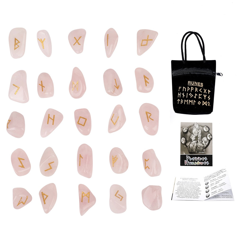 Crystal Rune Set — 25 Carved Stone Runes with Velvet Bag