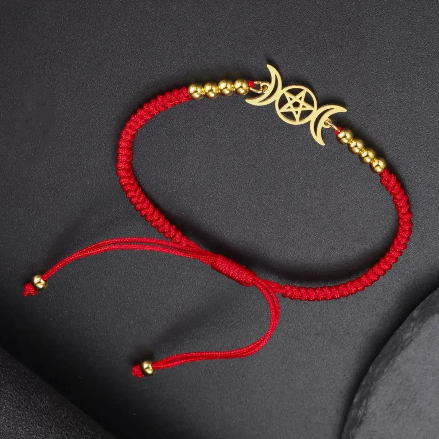 Triple moon pentacle charm in stainless steel on an adjustable lace-up cord bracelet — view 5 of 13