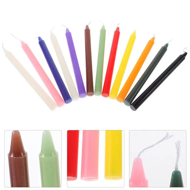 Set of twelve colored ritual taper candles in red, pink, purple, blue, green, yellow, white and black, laid out in a row — product photo 2