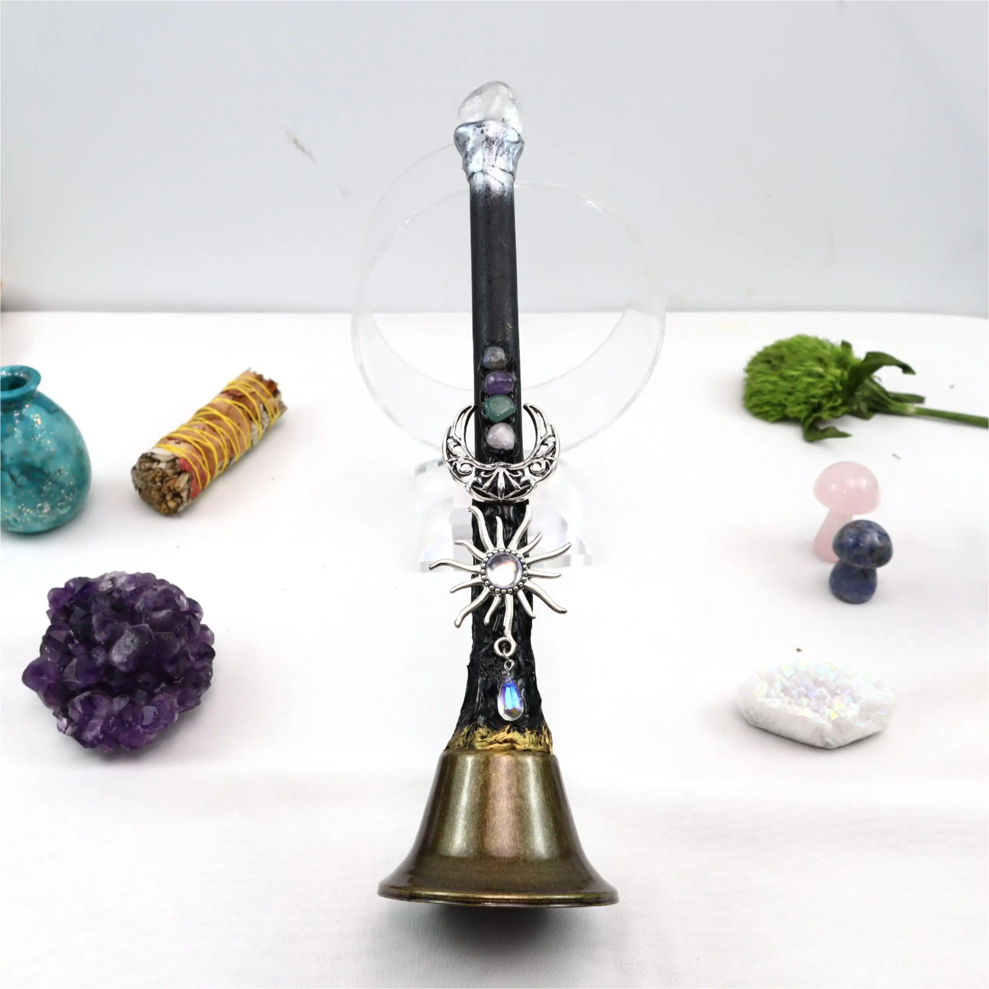 Large altar bell hung with natural crystal charms against a dark background — view 3 of 9