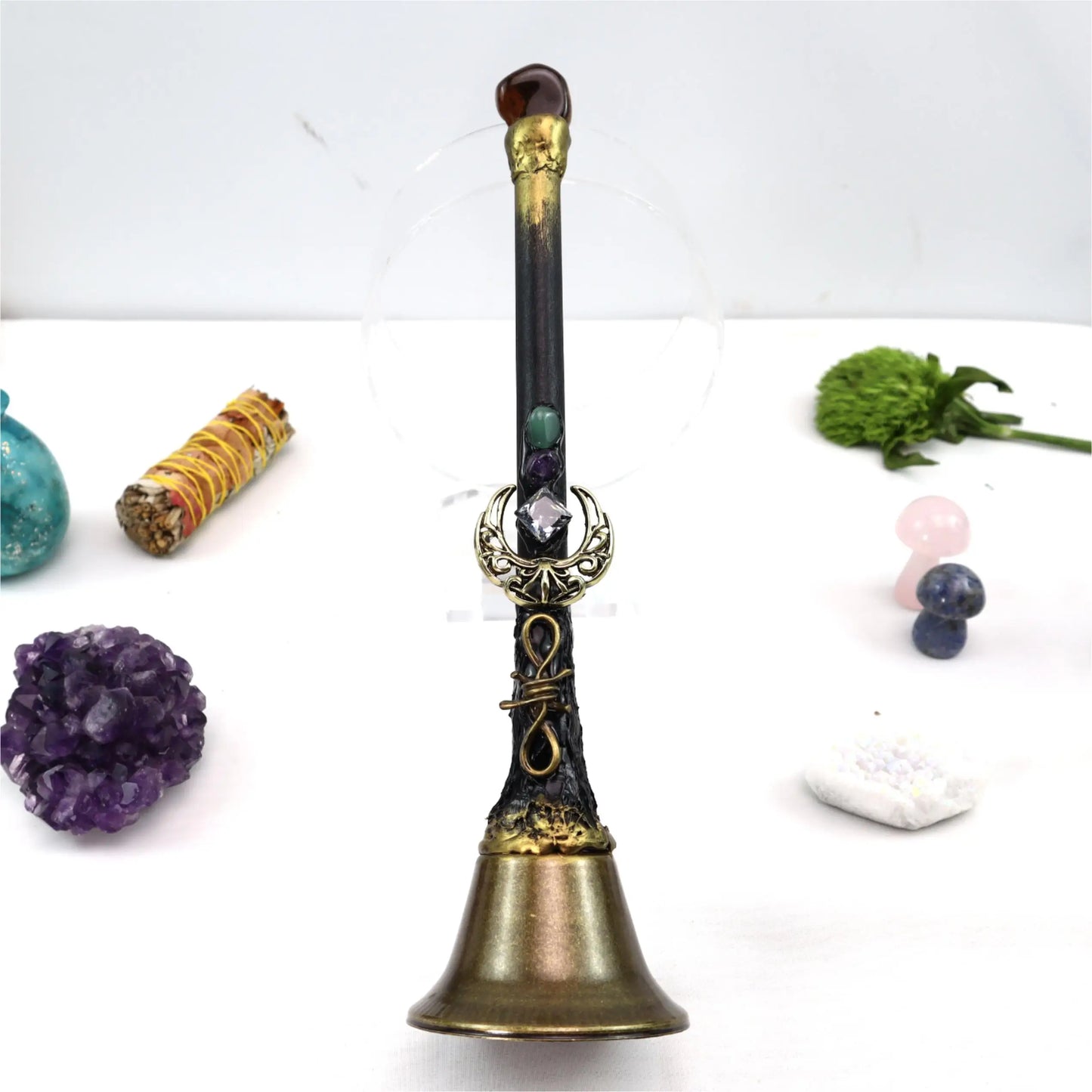 Large altar bell hung with natural crystal charms against a dark background — view 5 of 9
