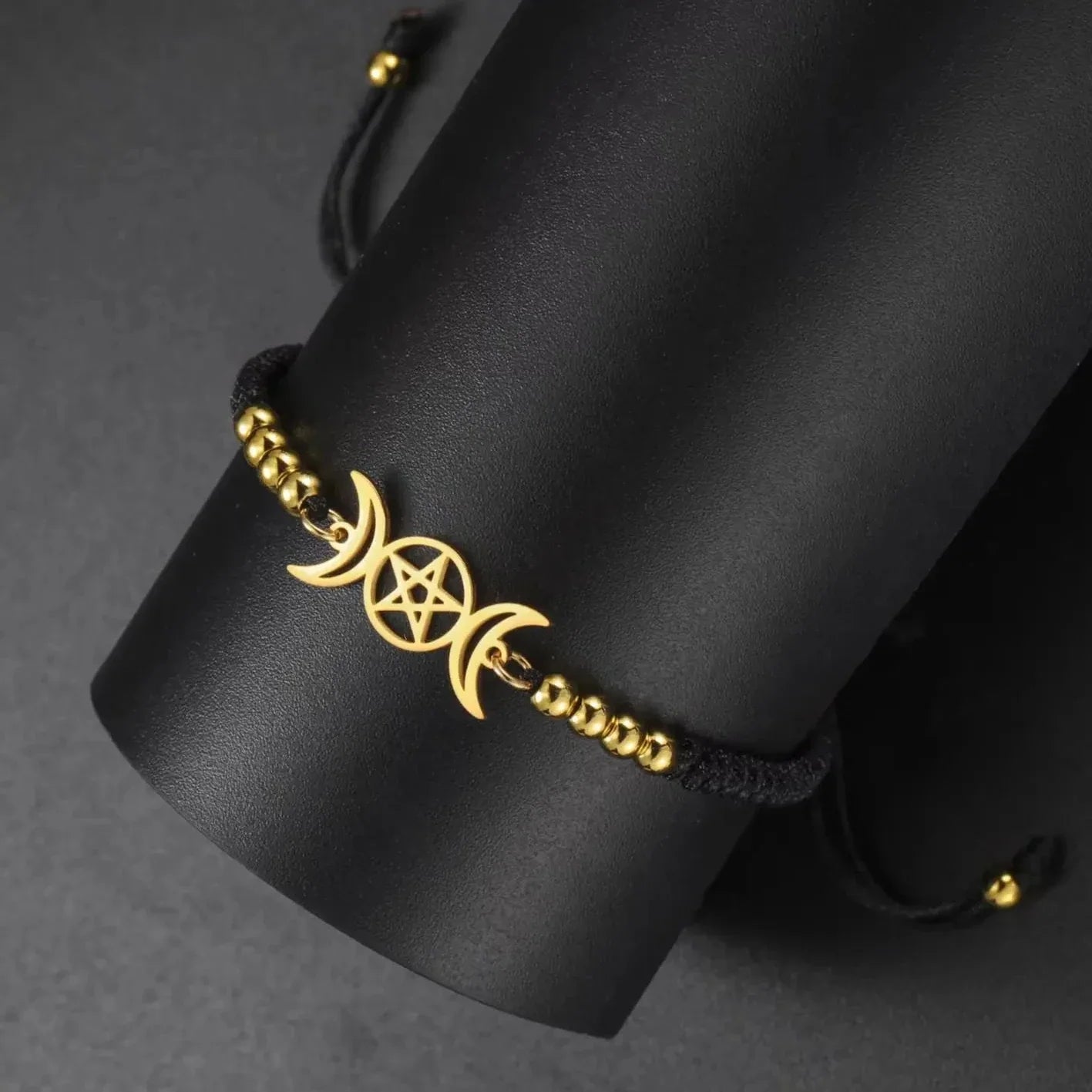 Triple moon pentacle charm in stainless steel on an adjustable lace-up cord bracelet — view 7 of 13