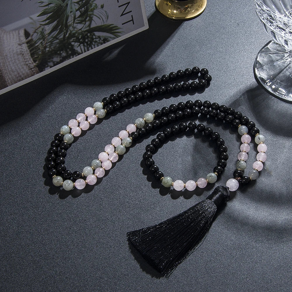 108-bead mala necklace strung with 8 mm black onyx, rose quartz and labradorite beads