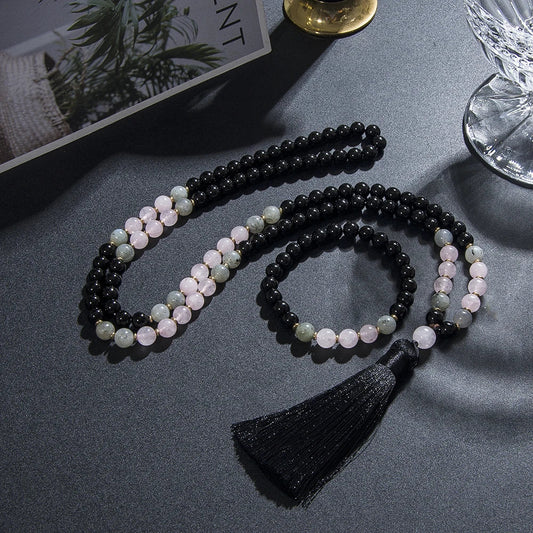 108-bead mala necklace strung with 8 mm black onyx, rose quartz and labradorite beads