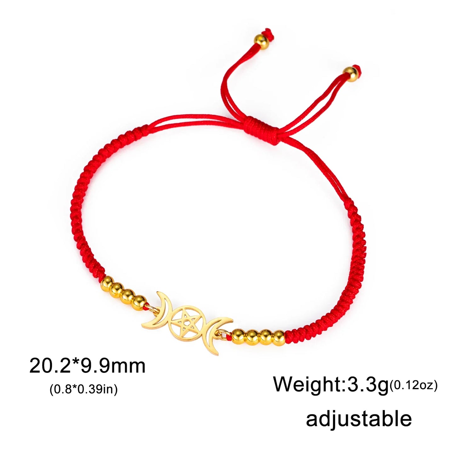 Triple moon pentacle charm in stainless steel on an adjustable lace-up cord bracelet — view 9 of 13