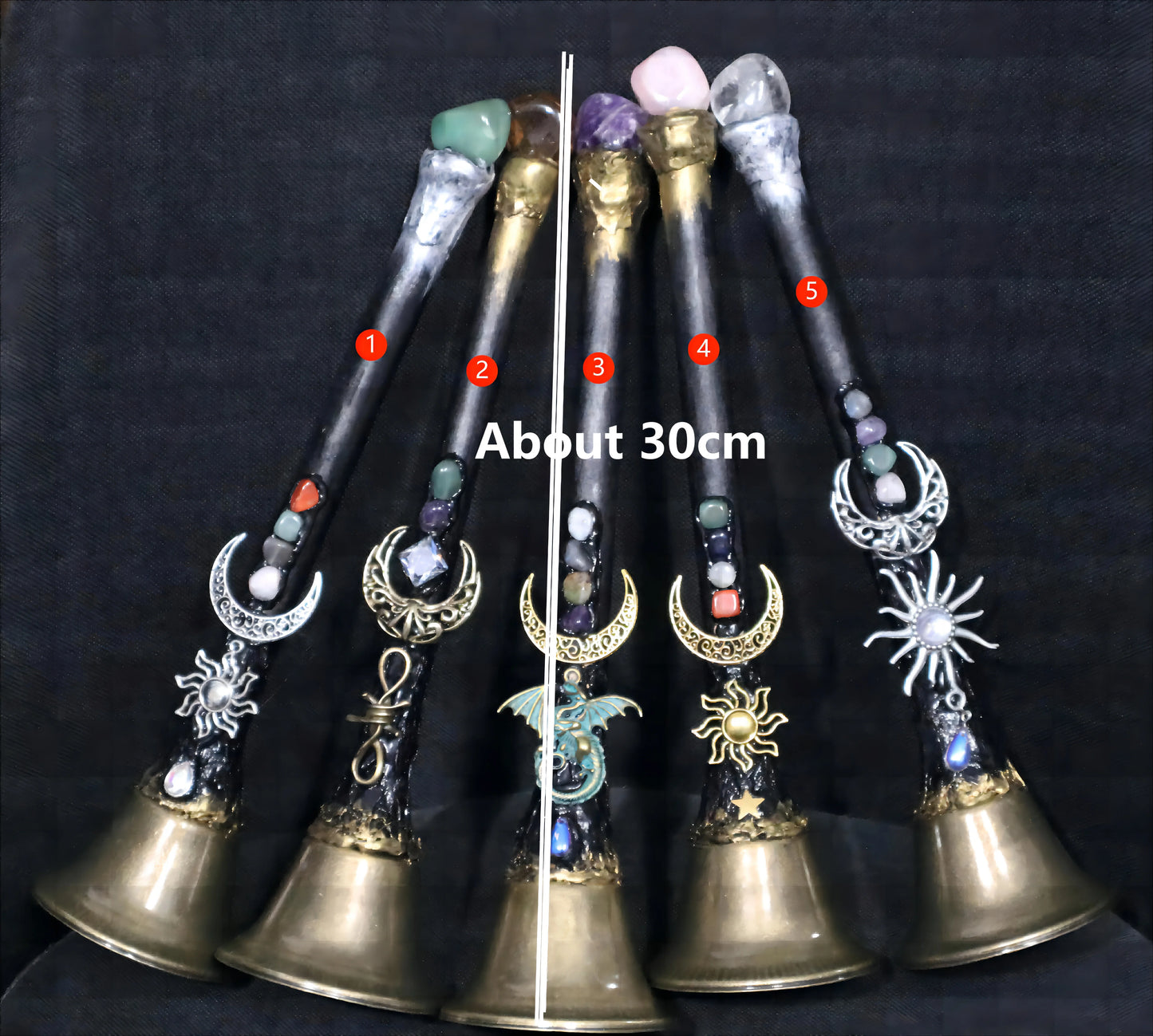 Large altar bell hung with natural crystal charms against a dark background — view 9 of 9