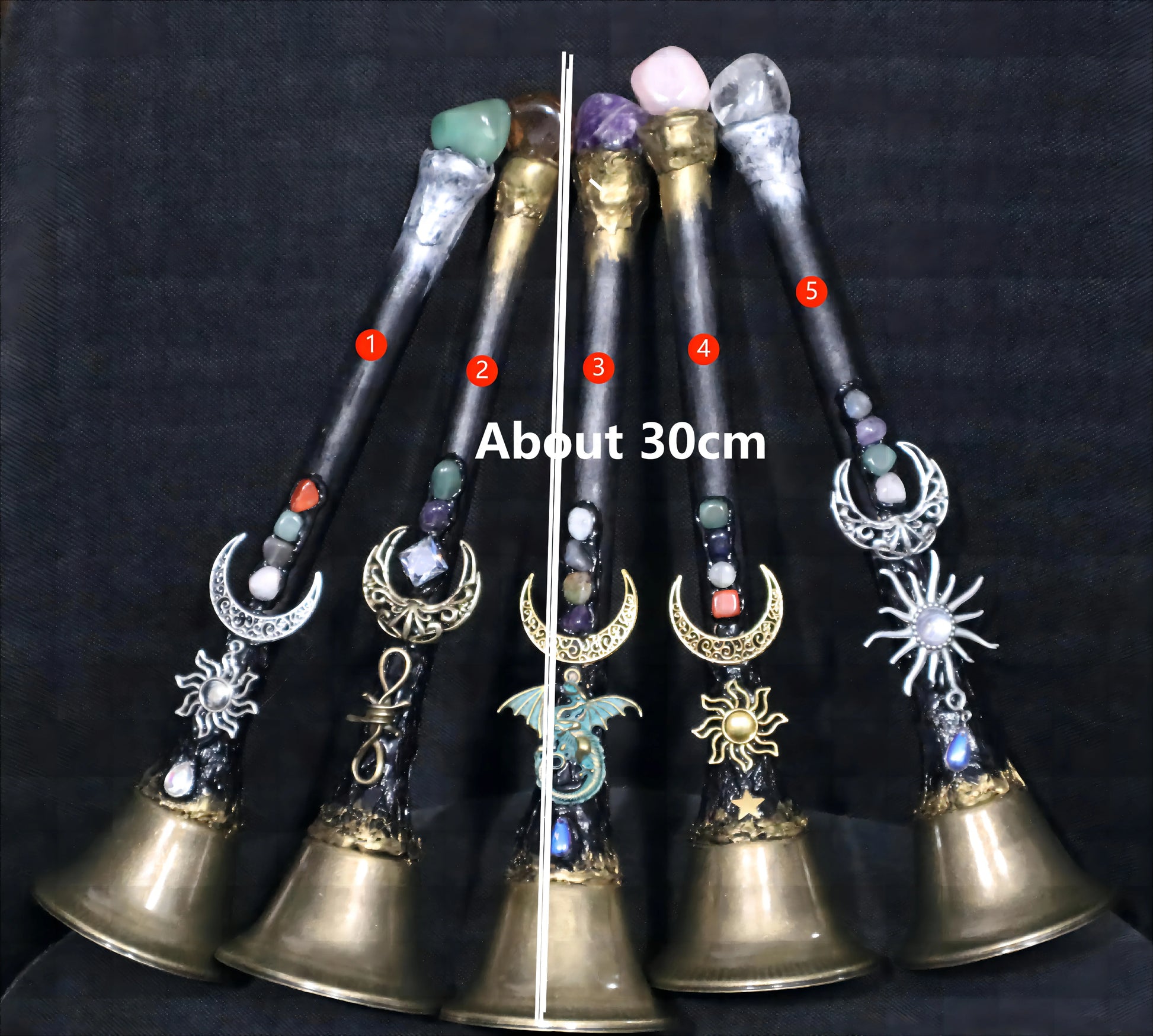 Large altar bell hung with natural crystal charms against a dark background — view 9 of 9