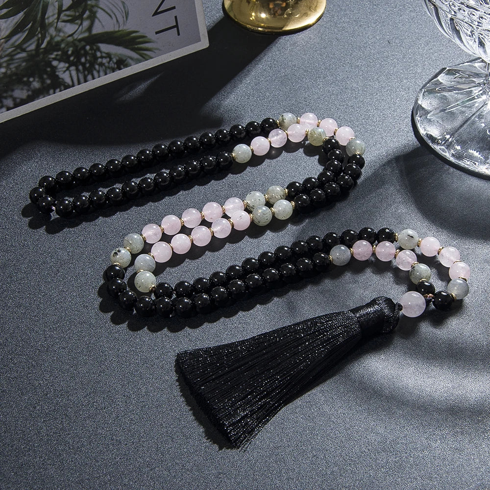 108-bead mala necklace strung with 8 mm black onyx, rose quartz and labradorite beads — product photo 3