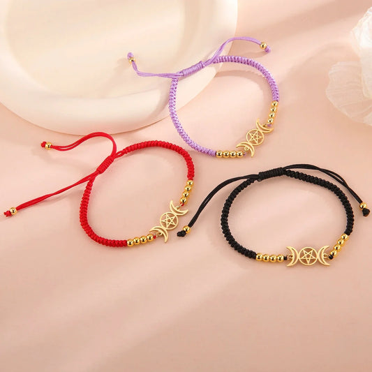 Triple moon pentacle charm in stainless steel on an adjustable lace-up cord bracelet — view 1 of 13