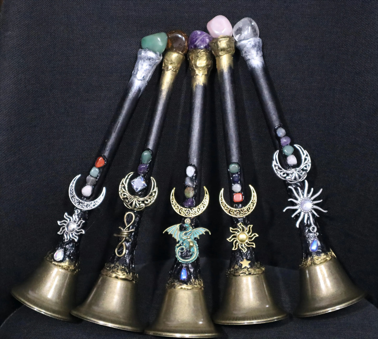 Large altar bell hung with natural crystal charms against a dark background — view 2 of 9
