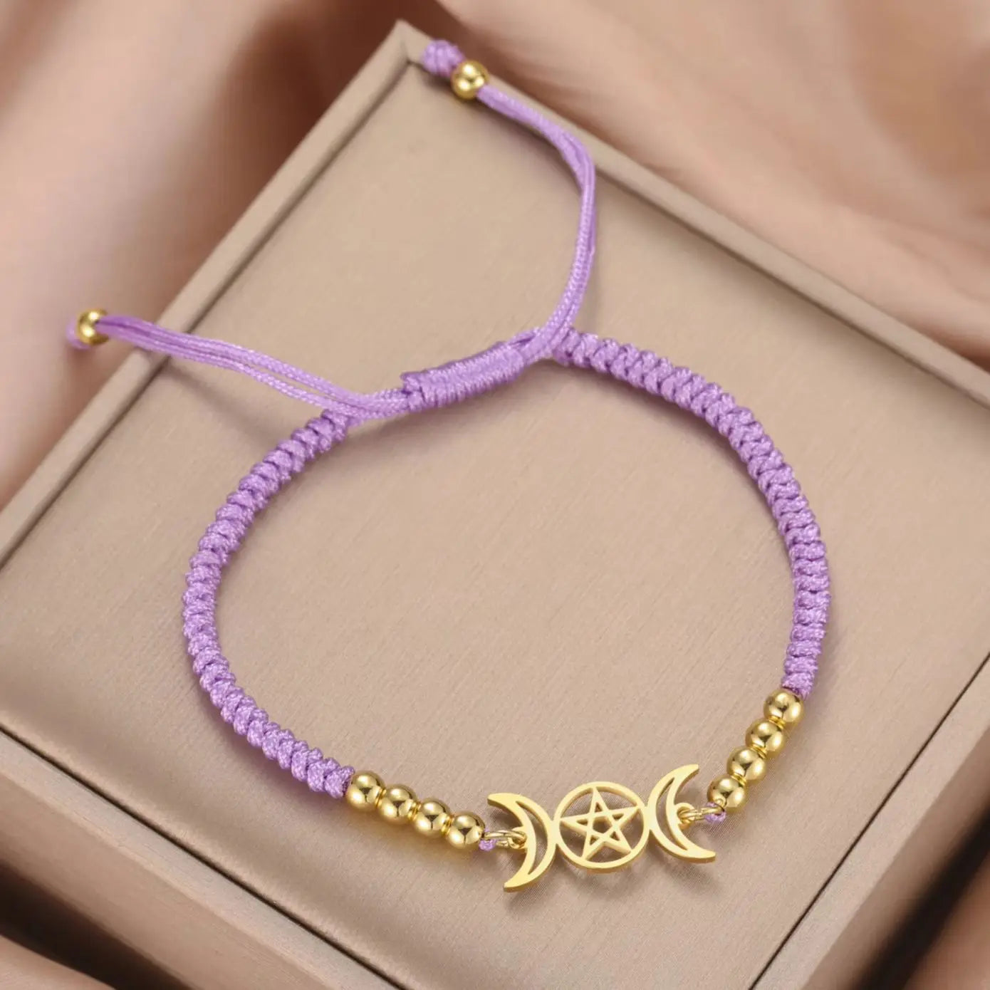Triple moon pentacle charm in stainless steel on an adjustable lace-up cord bracelet — view 8 of 13