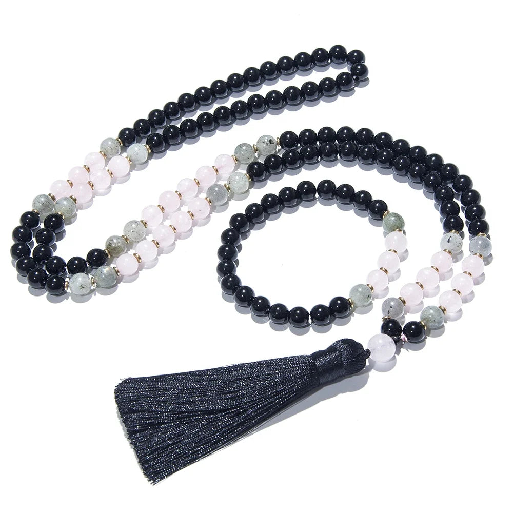 108-bead mala necklace strung with 8 mm black onyx, rose quartz and labradorite beads — product photo 6