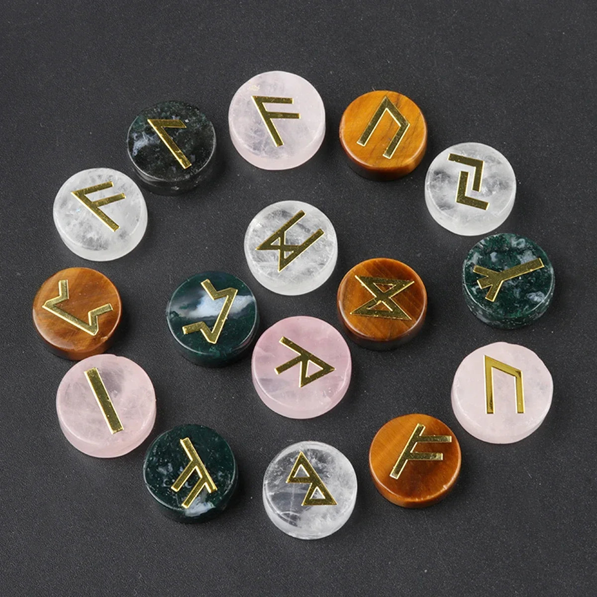 Round Crystal Runes — 25-Stone Divination Set with Casting Guide