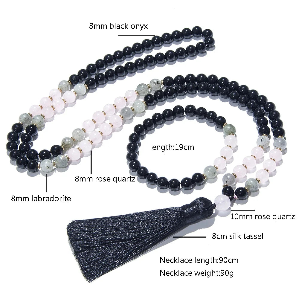 108-bead mala necklace strung with 8 mm black onyx, rose quartz and labradorite beads — product photo 4