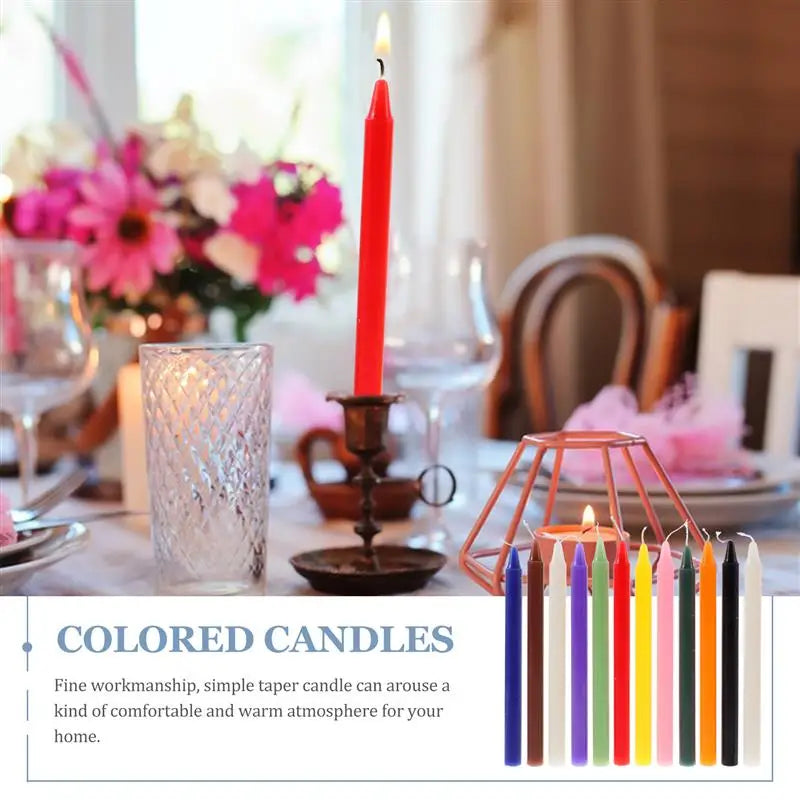 Set of twelve colored ritual taper candles in red, pink, purple, blue, green, yellow, white and black, laid out in a row — product photo 5