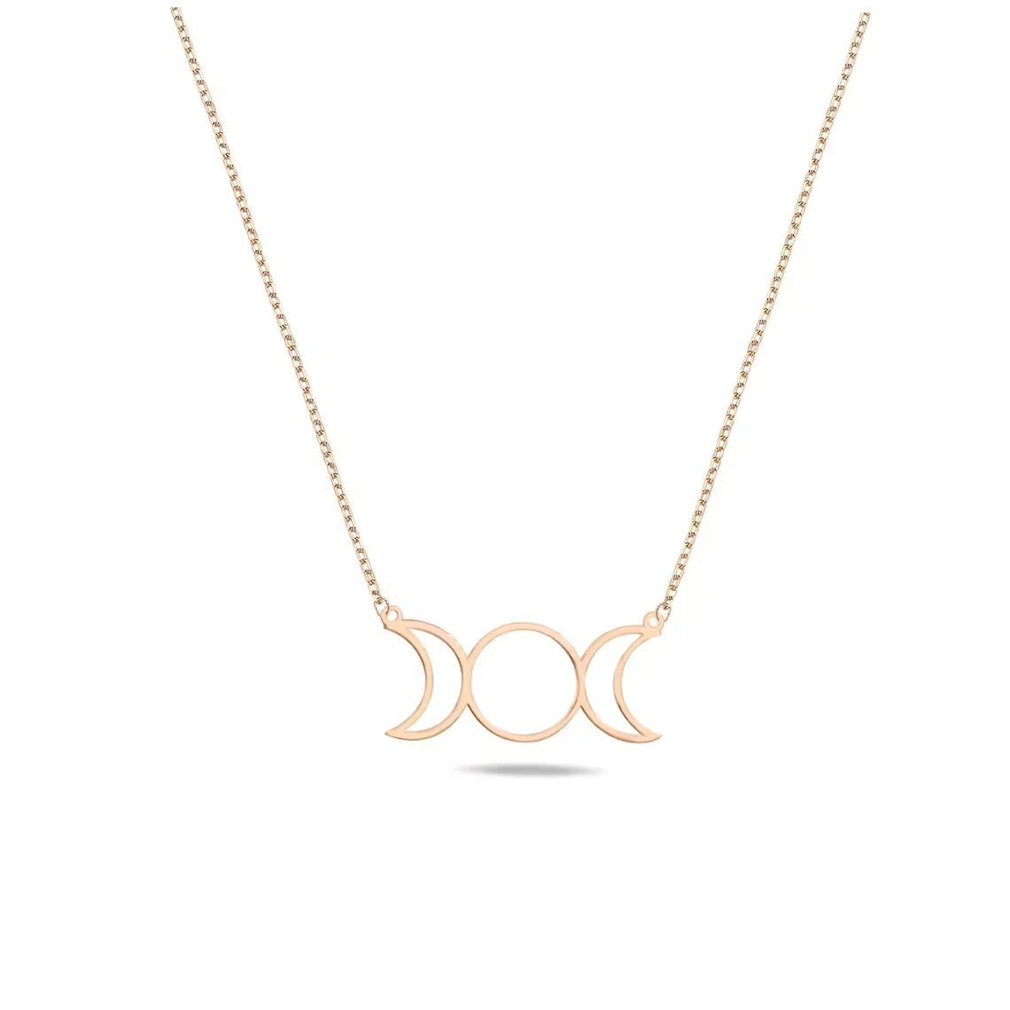 Stainless steel Triple Moon Goddess pendant necklace showing waxing, full and waning moons on a fine chain — product photo 6