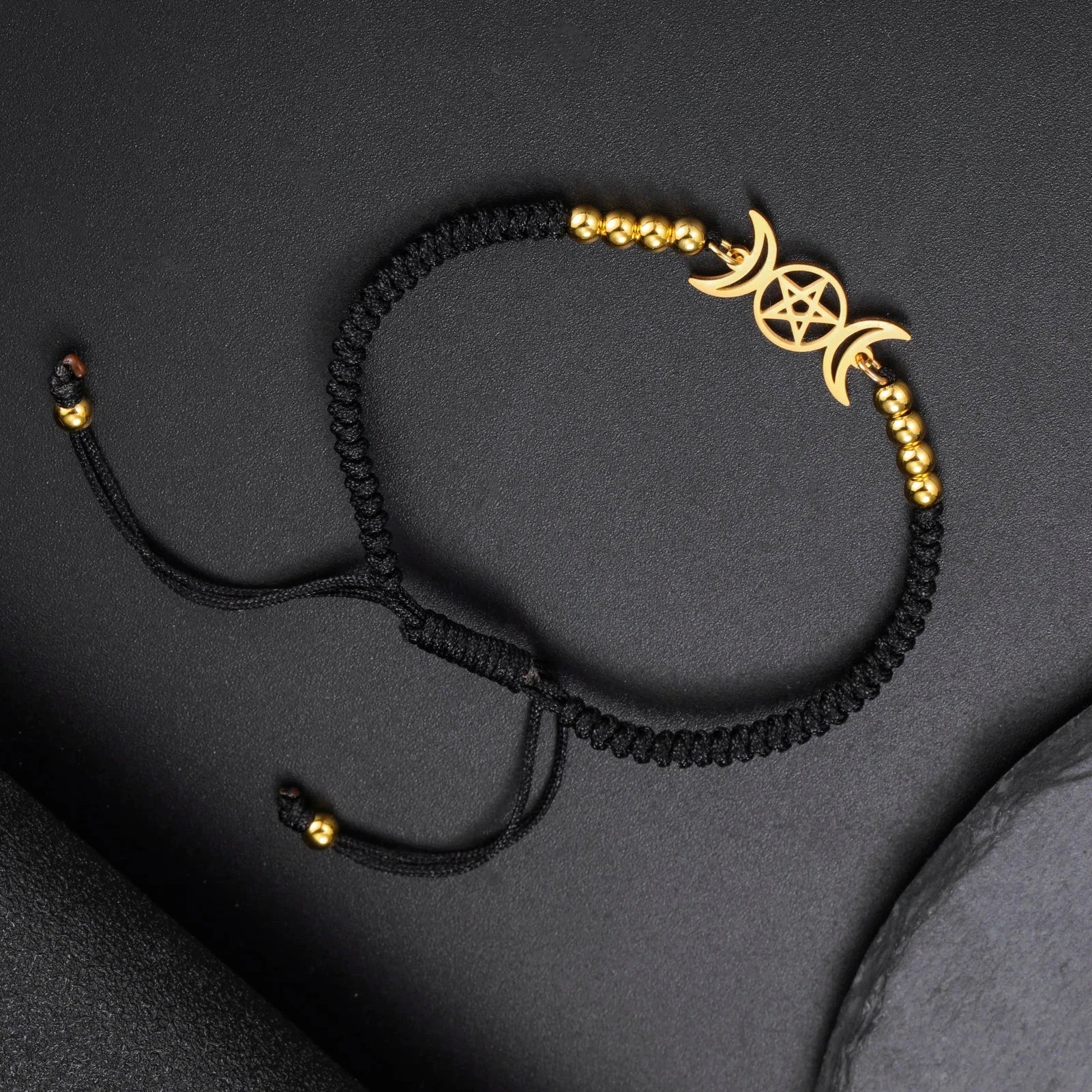 Triple moon pentacle charm in stainless steel on an adjustable lace-up cord bracelet — view 11 of 13