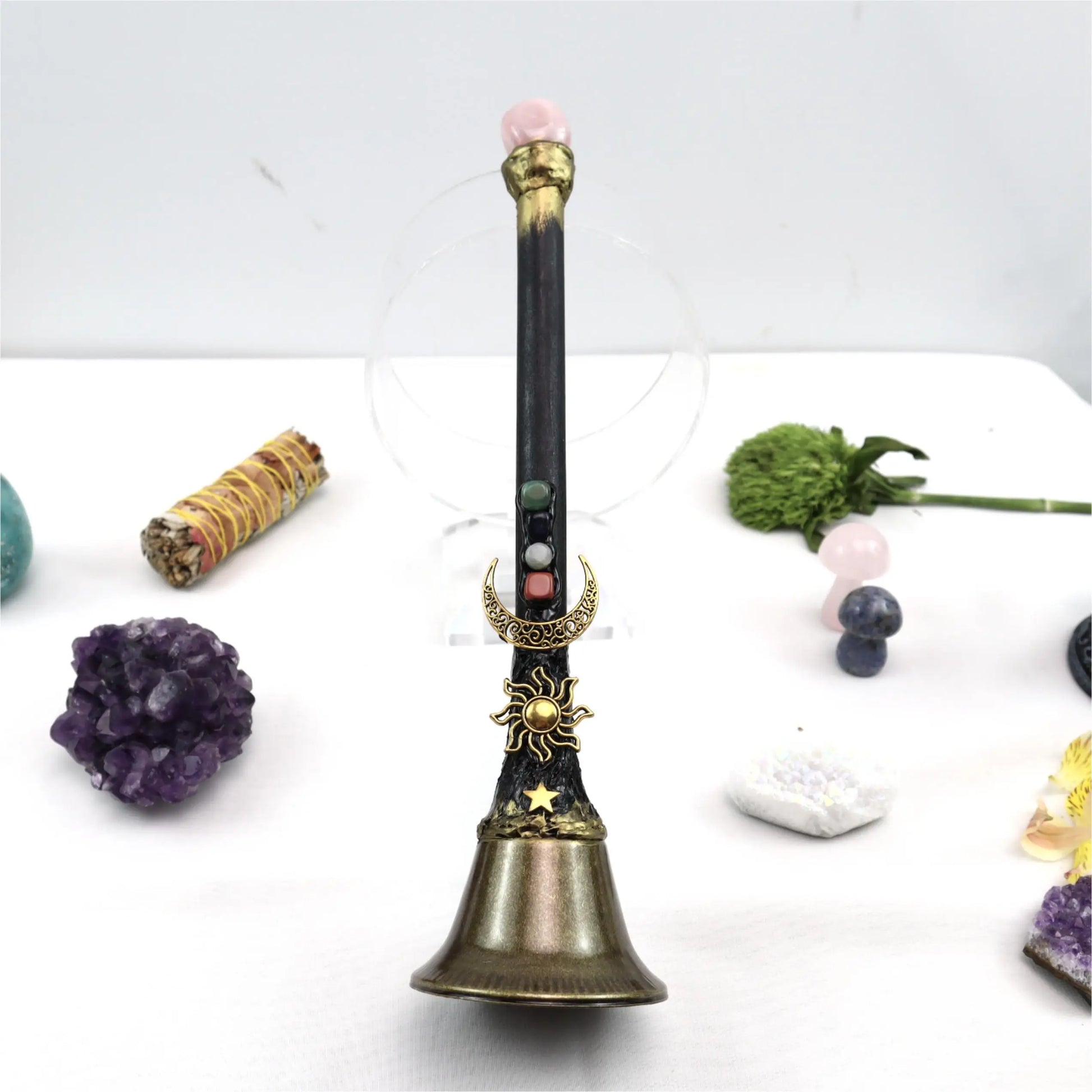 Large altar bell hung with natural crystal charms against a dark background — view 7 of 9