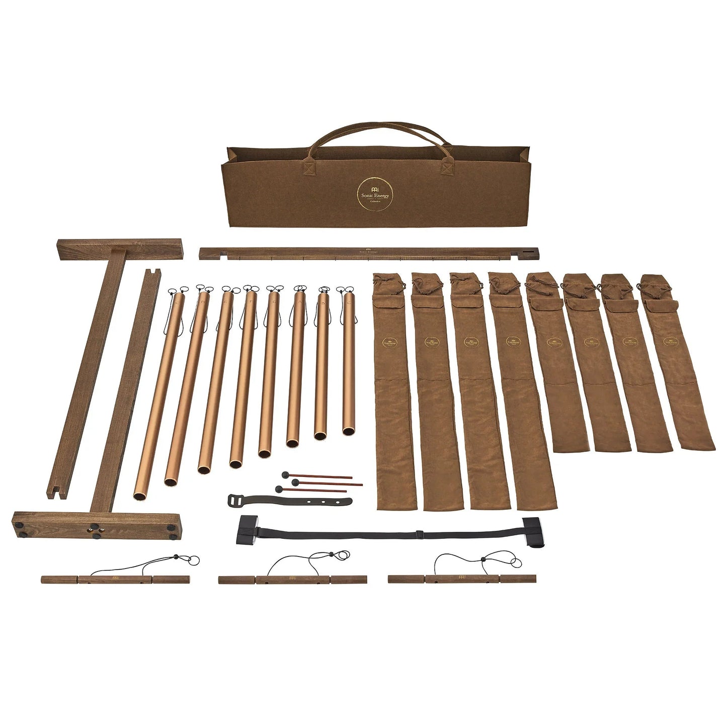 Eight-piece sound bath tube chime set in bronze with removable wooden holders — view 2 of 7