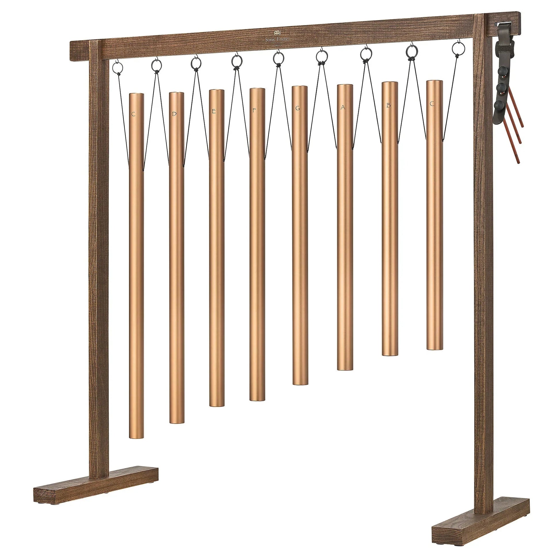 Eight-piece sound bath tube chime set in bronze with removable wooden holders — view 1 of 7