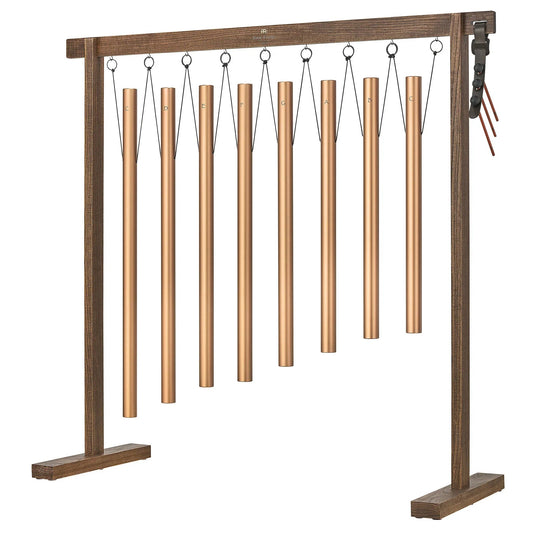 Eight-piece sound bath tube chime set in bronze with removable wooden holders — view 1 of 7