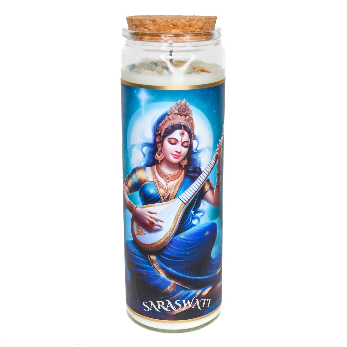 Saraswati Crystal Altar Candle in a 16 oz glass tumbler with an image of the goddess Saraswati on the label and crystals set into the wax