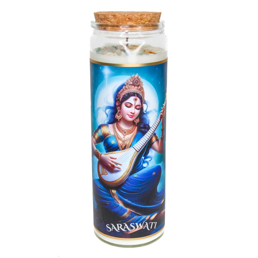 Saraswati Crystal Altar Candle in a 16 oz glass tumbler with an image of the goddess Saraswati on the label and crystals set into the wax