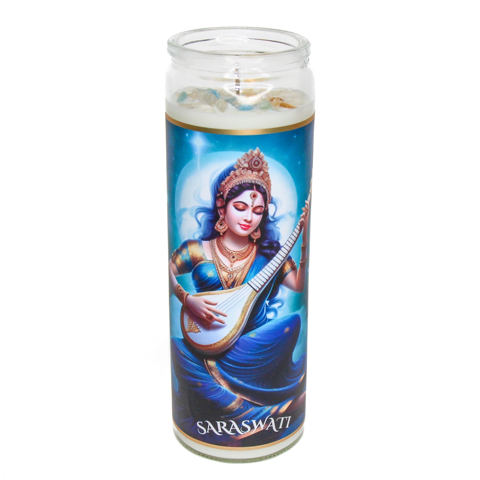 Saraswati Crystal Altar Candle in a 16 oz glass tumbler with an image of the goddess Saraswati on the label and crystals set into the wax — product photo 2