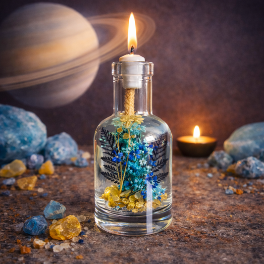 Saturn oil candle burning in front of an image of the ringed planet, with blue forget-me-nots, yellow blooms and black fern fronds suspended in the glass, surrounded by raw blue and amber stones.