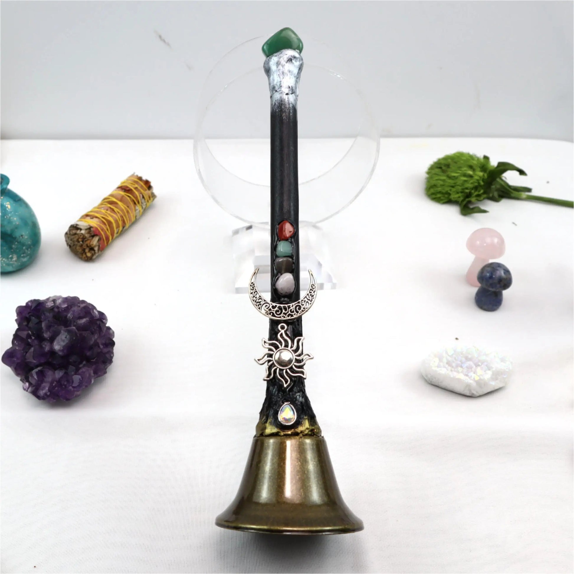 Large altar bell hung with natural crystal charms against a dark background — view 4 of 9